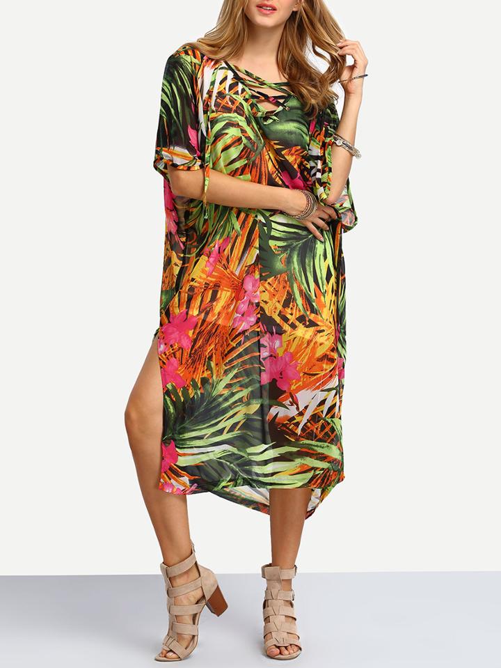 Romwe Florals Split Chiffon Beach Dress