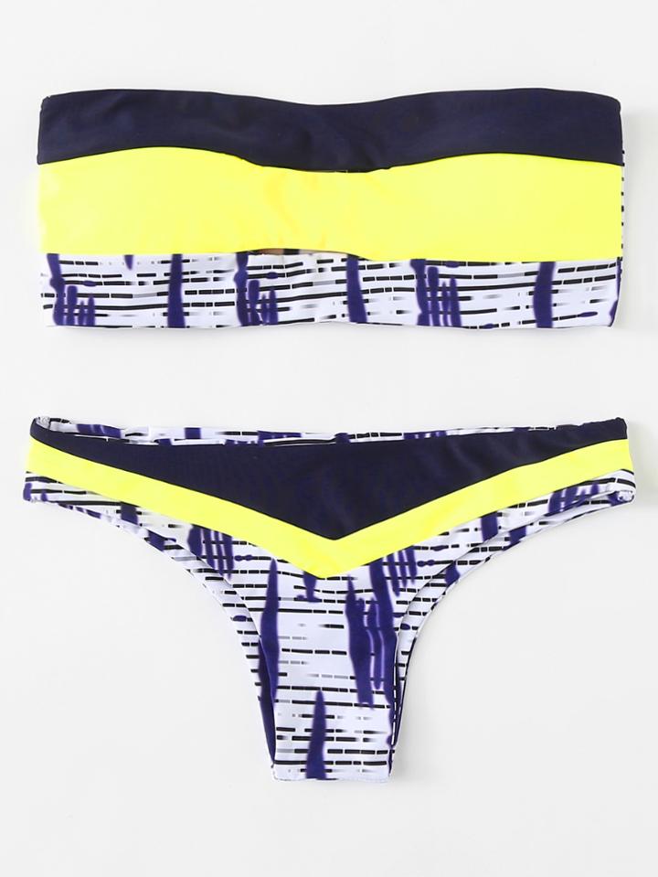Romwe Colorblock Bandeau Bikini Set