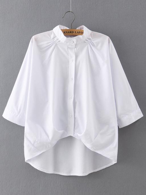 Romwe Band Collar Elbow Sleeve Dip Hem Blouse