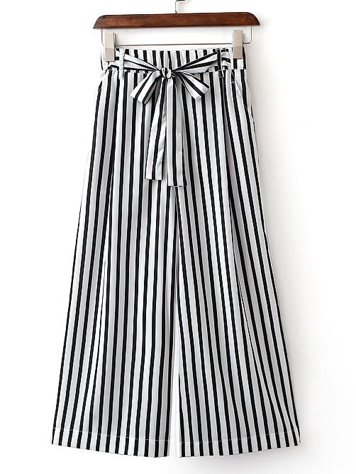 Romwe Black And White Stripe Wide Leg Pants With Belt