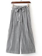 Romwe Black And White Stripe Wide Leg Pants With Belt