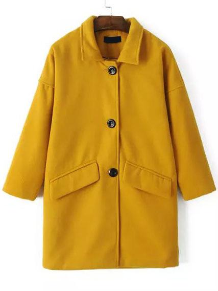 Romwe Lapel Single Breasted Woolen Yellow Coat