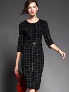 Romwe Black Round Neck Length Sleeve Knit Drawstring Print Dress
