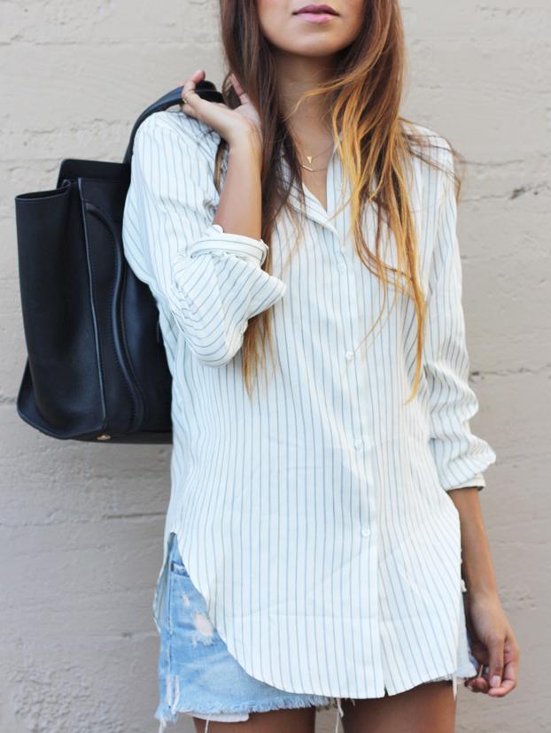 Romwe White Long Sleeve Vertical Stripe Blouse
