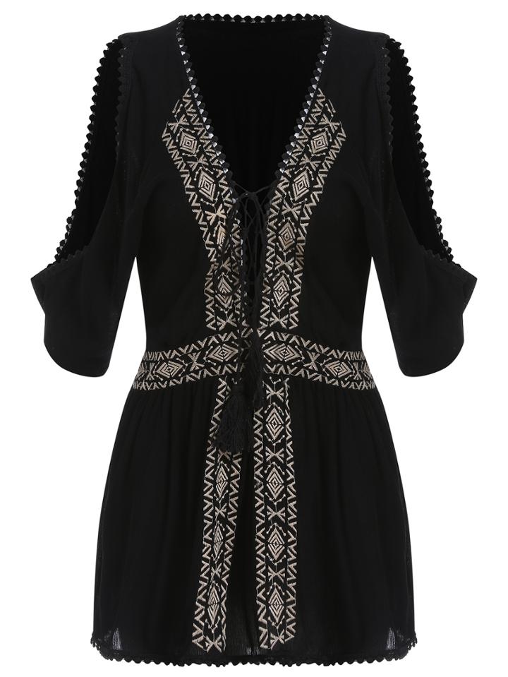 Romwe V Neck Open Shoulder Embroidered Black Romper