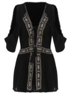 Romwe V Neck Open Shoulder Embroidered Black Romper