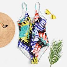 Romwe Random Feather Lace-up One Piece Swimsuit