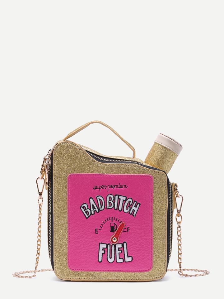 Romwe Gold Fuel Tank Shaped Zip Closure Chain Bag