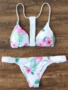Romwe White Floral Print Braided Detail Triangle Bikini Set