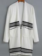 Romwe Long Sleeve Vertical Striped Pockets White Cardigan