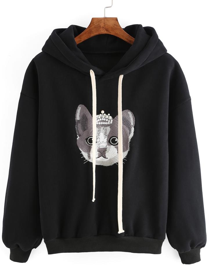 Romwe Hooded Drawstring Cat Embroidered Black Sweatshirt