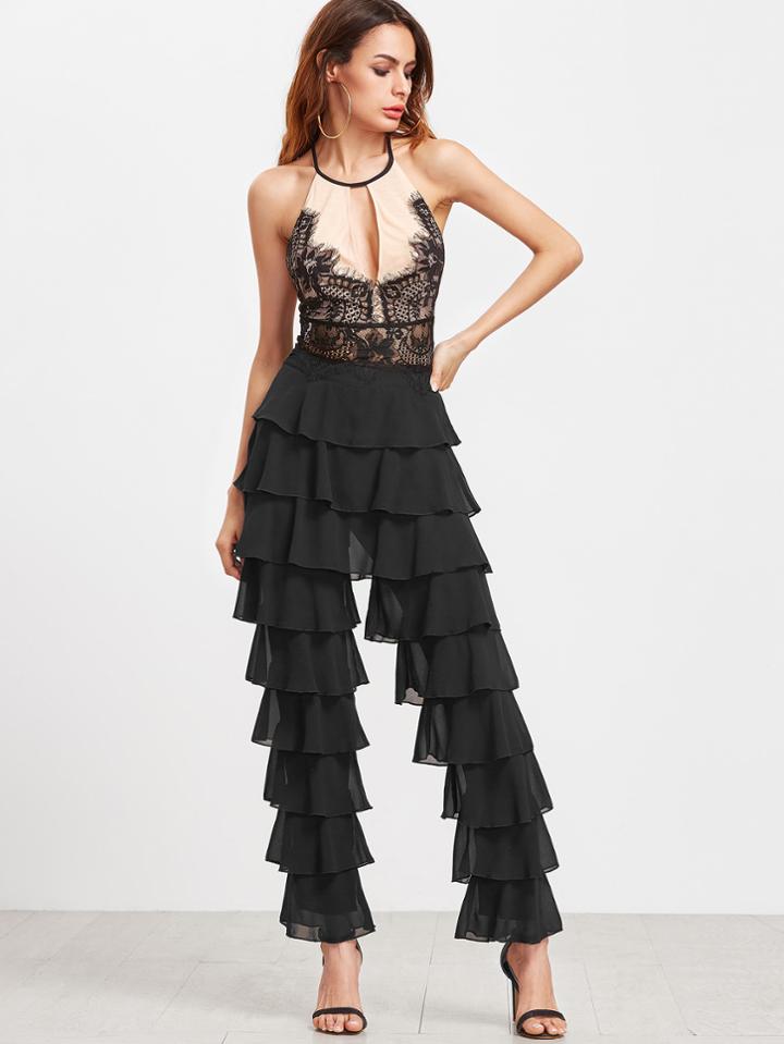 Romwe Black Layered Ruffle Pants