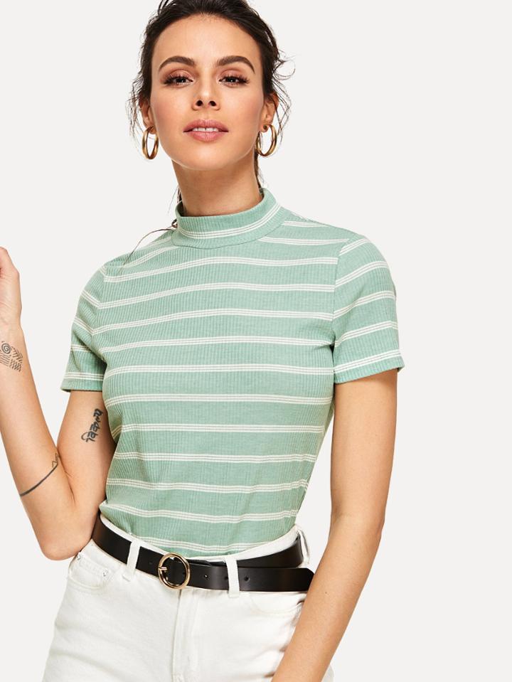 Romwe Mock Neck Striped Tee