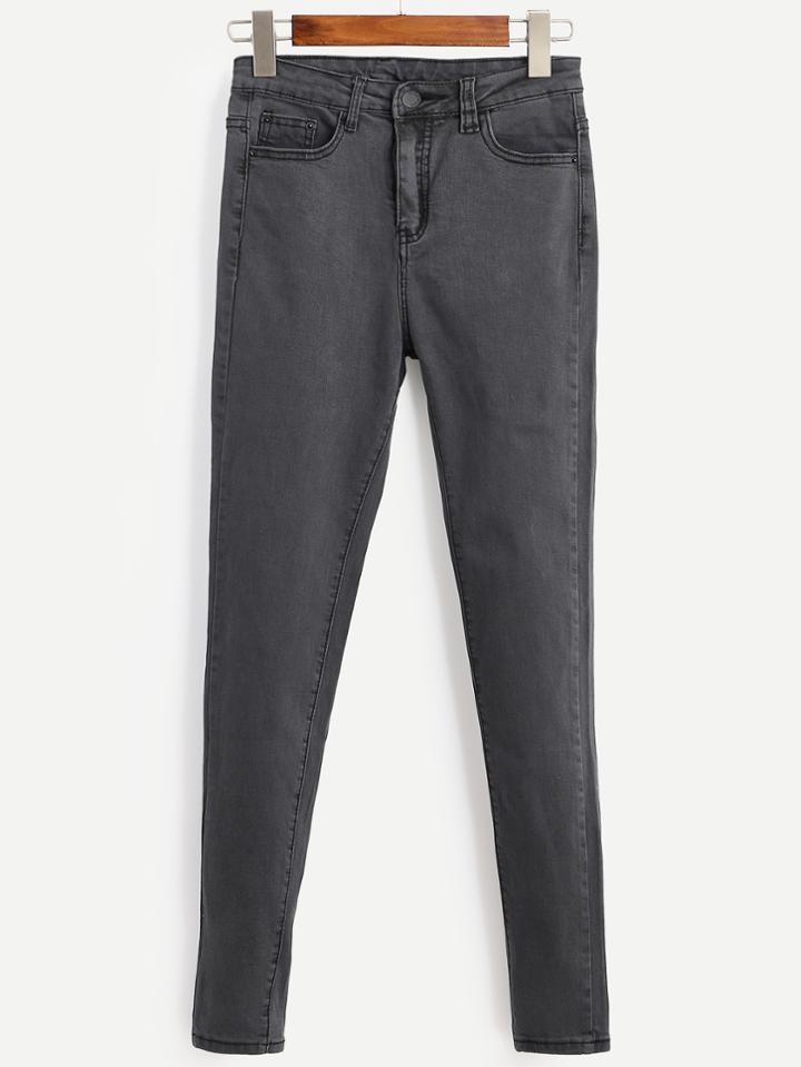 Romwe Dark Grey Pockets Skinny Jeans