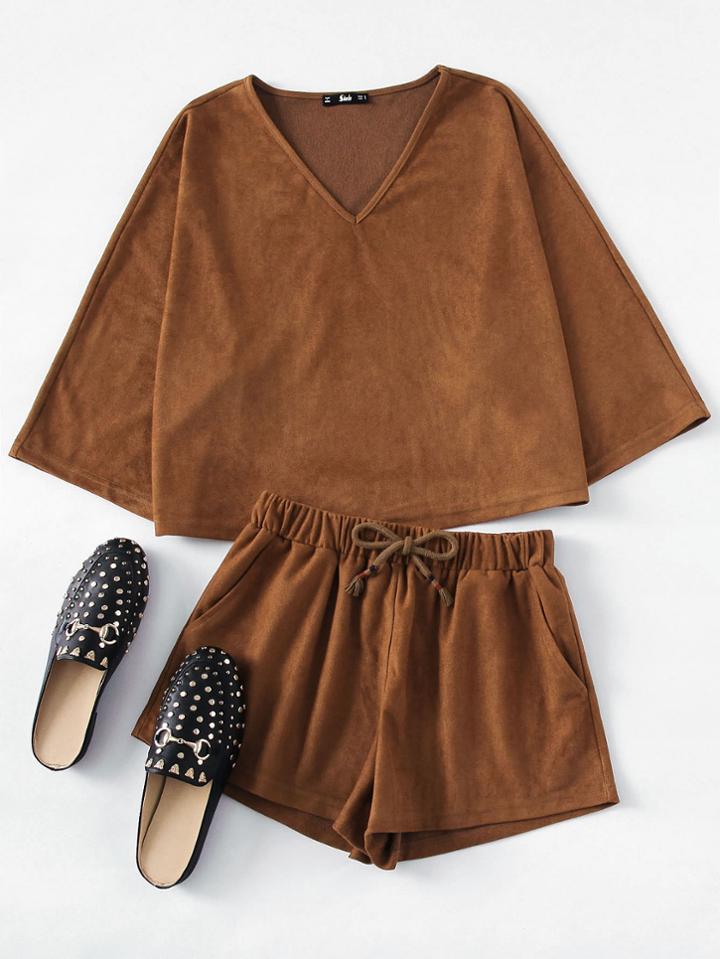 Romwe Suede Top And Drawstring Shorts Co-ord