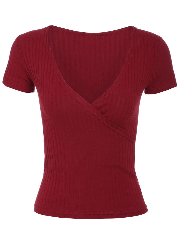 Romwe Deep V Neck Ribbed Burgundy Knitwear