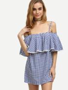 Romwe Blue Checkerboard Flounce Cold Shoulder Dress