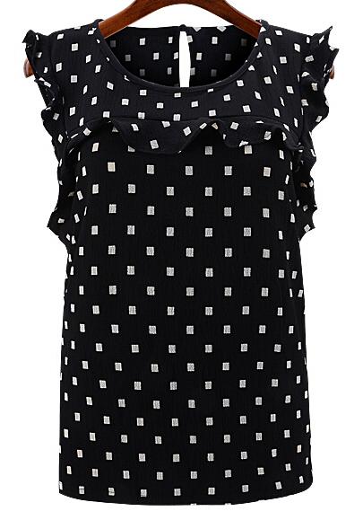 Romwe Ruffle Sleeve Polka Dot Chiffon Black Top