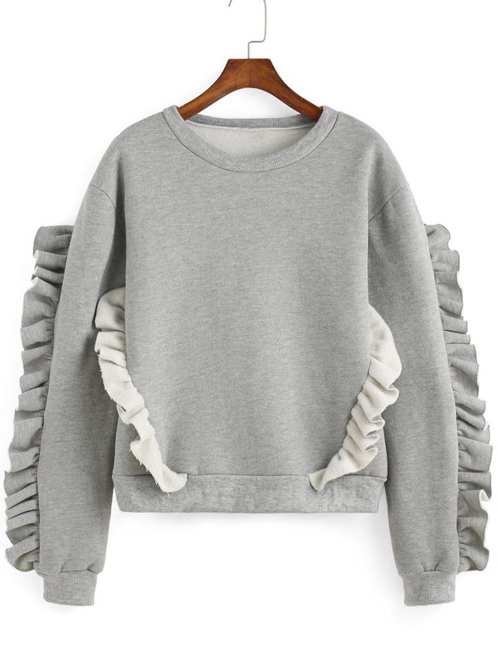 Romwe Round Neck Fungus Edge Grey Sweatshirt