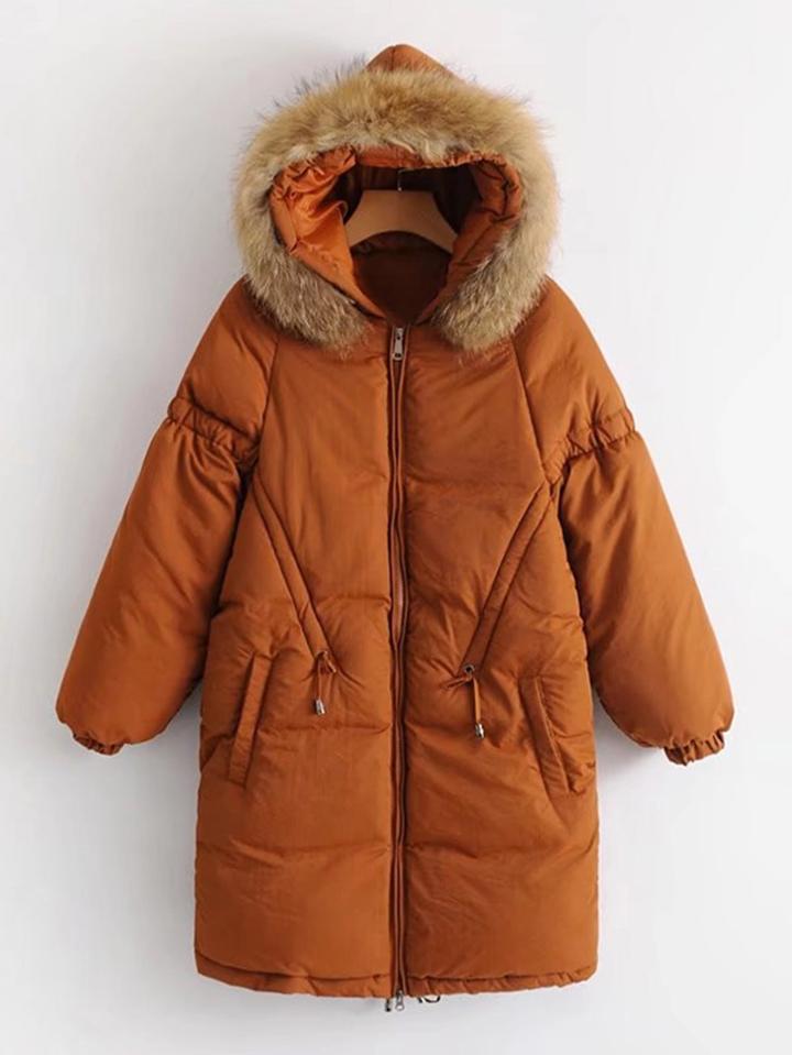 Romwe Contrast Faux Fur Hooded Padded Coat