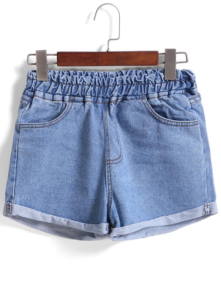 Romwe Elastic Waist Cuffed Denim Pale Blue Shorts