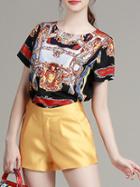 Romwe Multicolor Crew Neck Print Top With Shorts