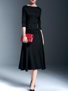 Romwe Black Tie-waist Contrast Pu A-line Dress