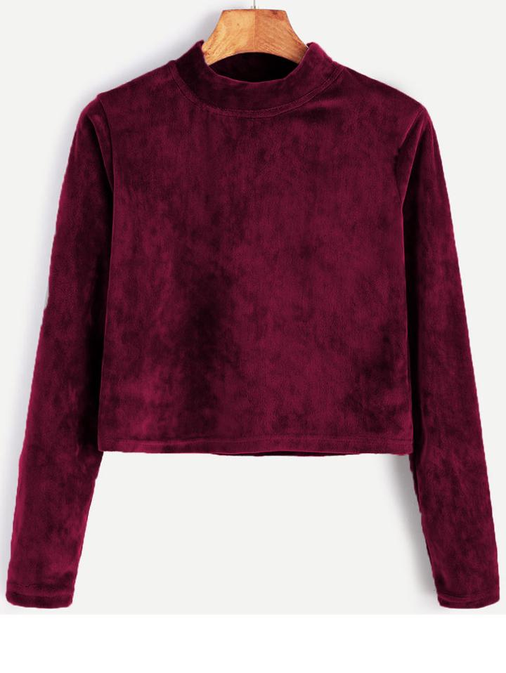 Romwe Burgundy Velvet High Neck Crop T-shirt