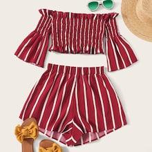 Romwe Striped Shirred Flounce Sleeve Top With Shorts