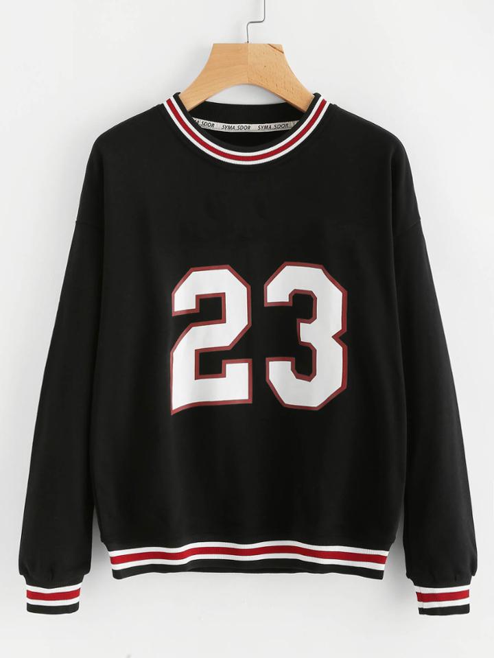 Romwe Digital Print Striped Trim Sweatshirt