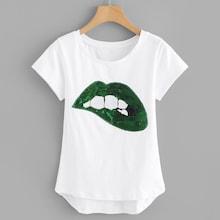 Romwe Contrast Sequin Lip Dip Hem Tee