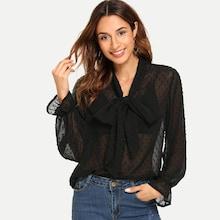 Romwe Tie Neck Dot Jacquard Top