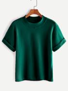 Romwe Dark Green Mock Neck Cuffed T-shirt