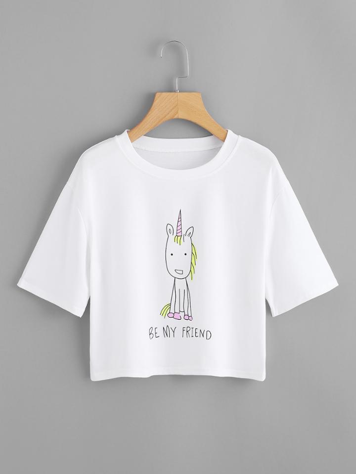 Romwe Unicorn Print Crop Tee