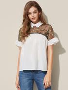 Romwe Embroidered Sheer Neck Ruffle Cuff Tie Back Top