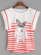 Romwe Red Striped Rabbit Print Eyelet Cap Sleeve T-shirt