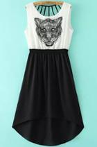 Romwe Black White Sleeveless Tiger Print High Low Dress