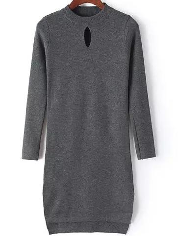 Romwe Dip Hem Keyhole Grey Sweater Dress