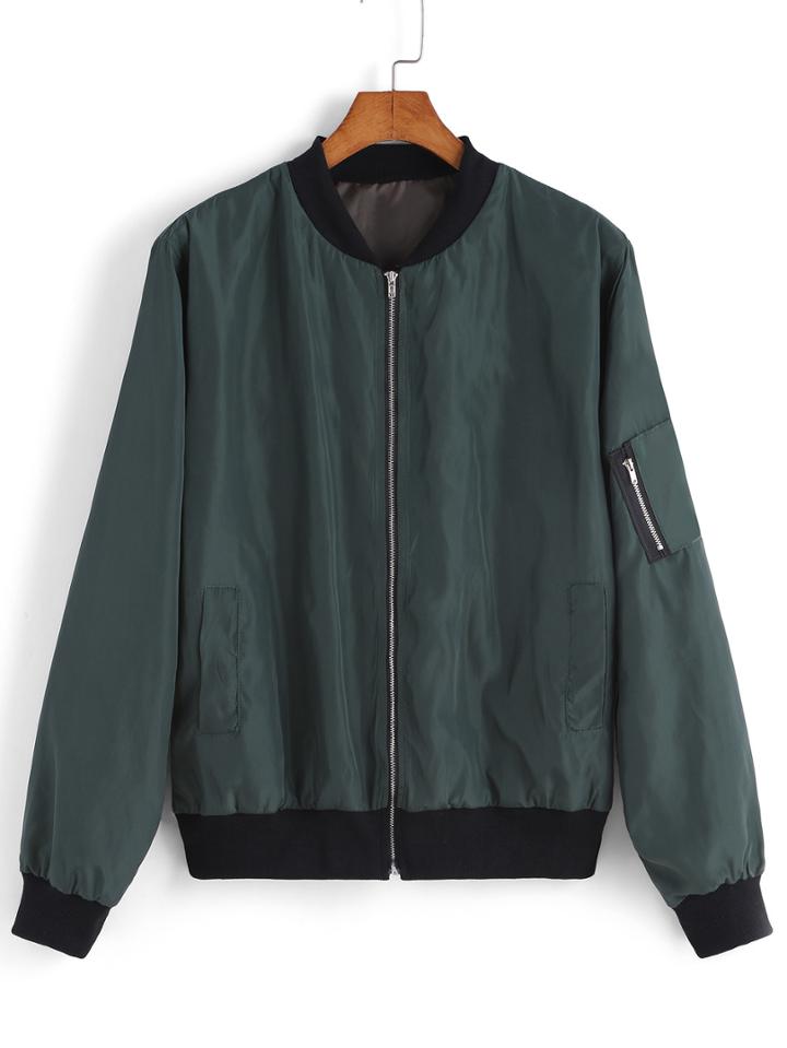 Romwe Green Stand Collar Zipper Jacket