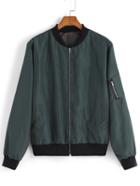 Romwe Green Stand Collar Zipper Jacket