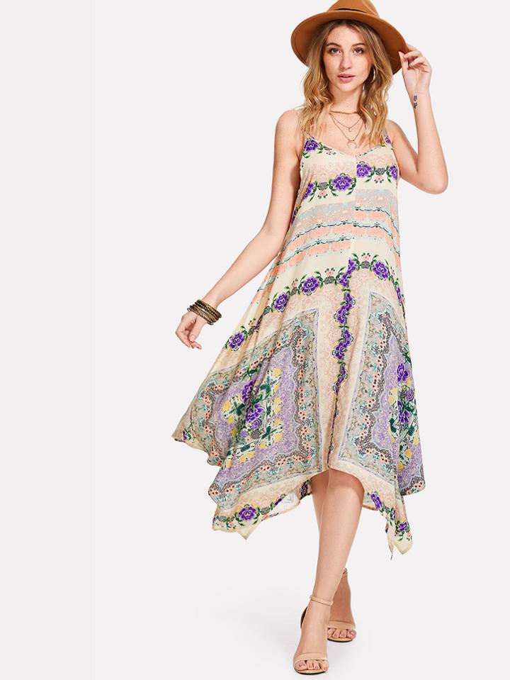 Romwe Flower Print Hanky Hem Swing Cami Dress