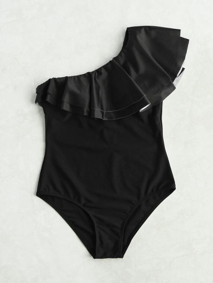 Romwe Layered Flounce One Shoulder Swimsuit