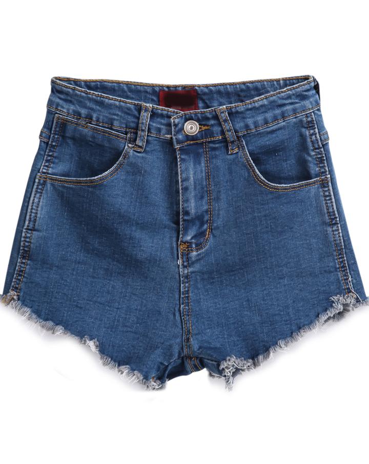Romwe Pockets Fringe Blue Denim Shorts