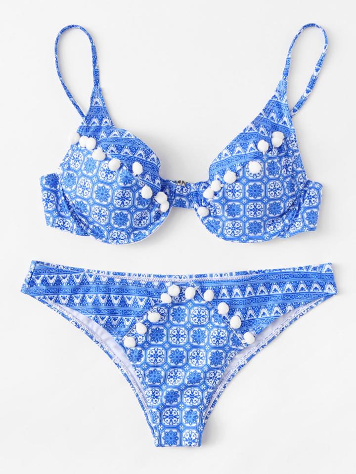 Romwe Pom Pom Detail Bikini Set