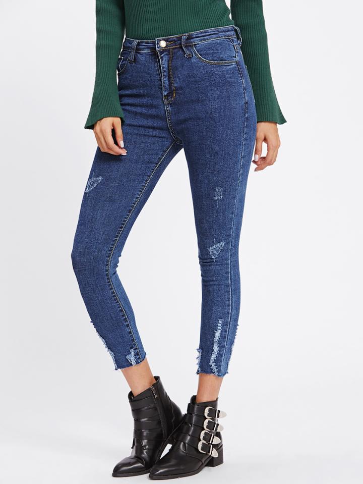 Romwe Scratches Frayed Hem Skinny Jeans