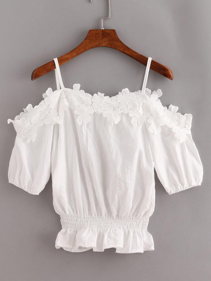Romwe Lace Trimmed Cold Shoulder Peplum Top - White