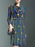 Romwe Multicolor Tie Neck Long Sleeve Obi Polka Dot Dress