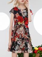 Romwe Multicolor V Neck Print A-line Dress