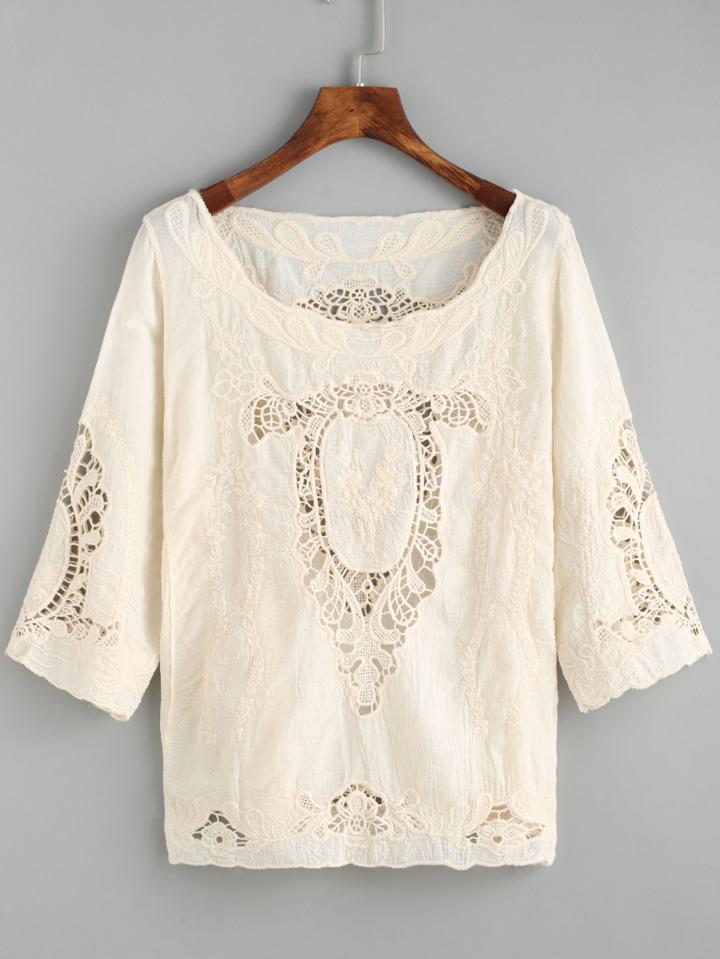 Romwe Lace Crochet Hollow Apricot Blouse