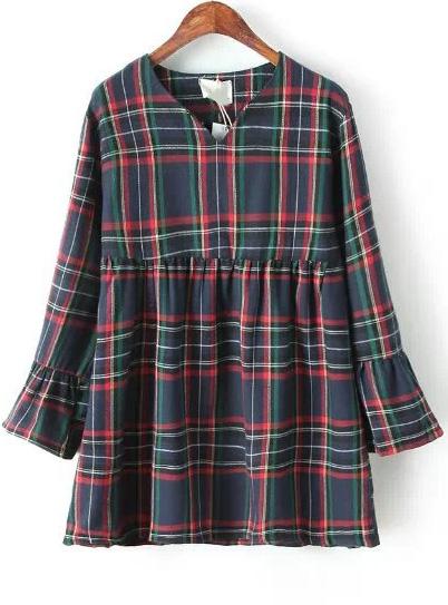 Romwe Navy V Neck Long Sleeve Plaid Dress